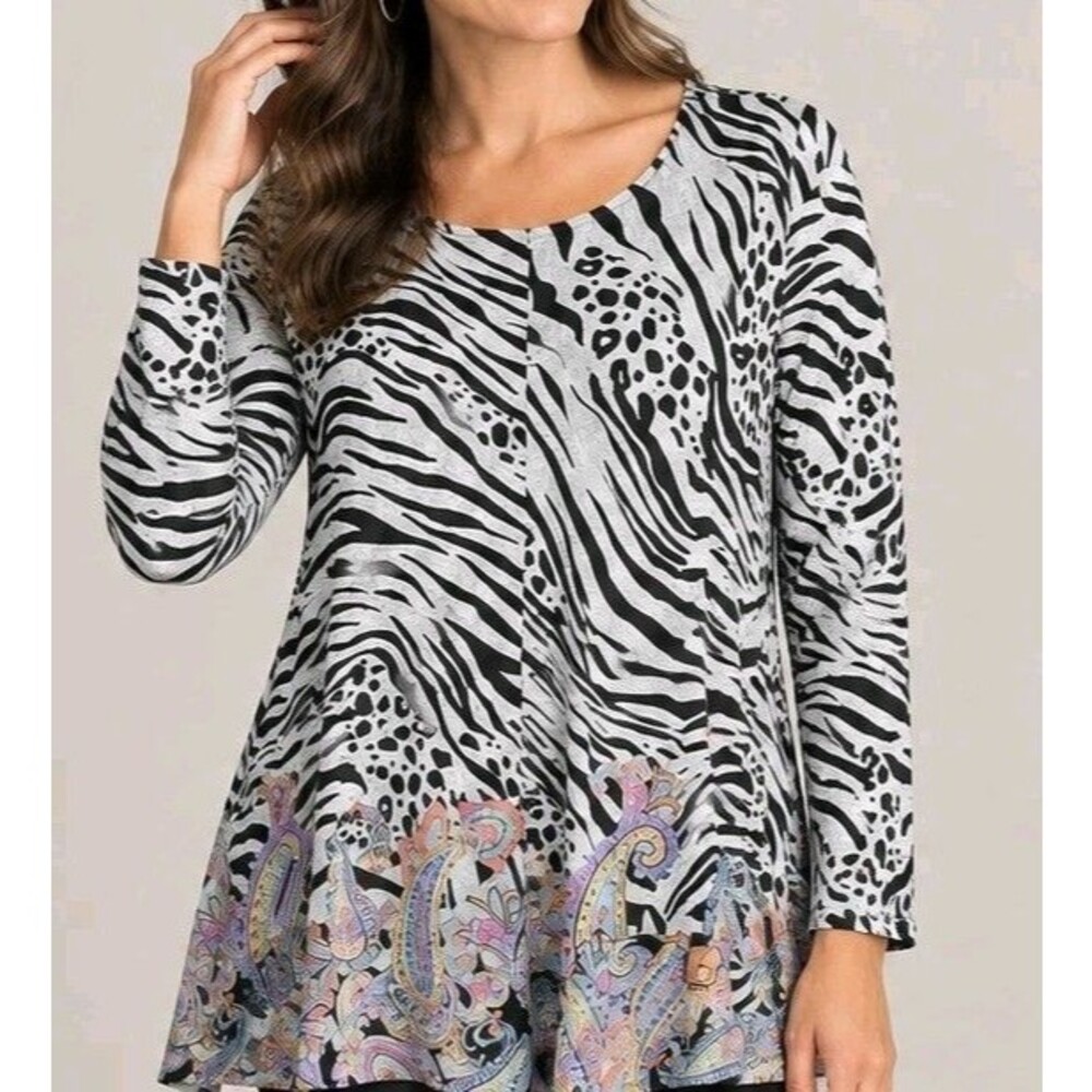 JESS & JANE Womens Paisley Zebra Print Soft Knit Tunic Sweater Top - XL